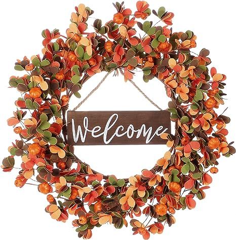 Artificial Fall Wreath,20 Inches Orange Autumn Wreath with Small Pumpkins Thanksgiving Wreath wit... | Amazon (US)