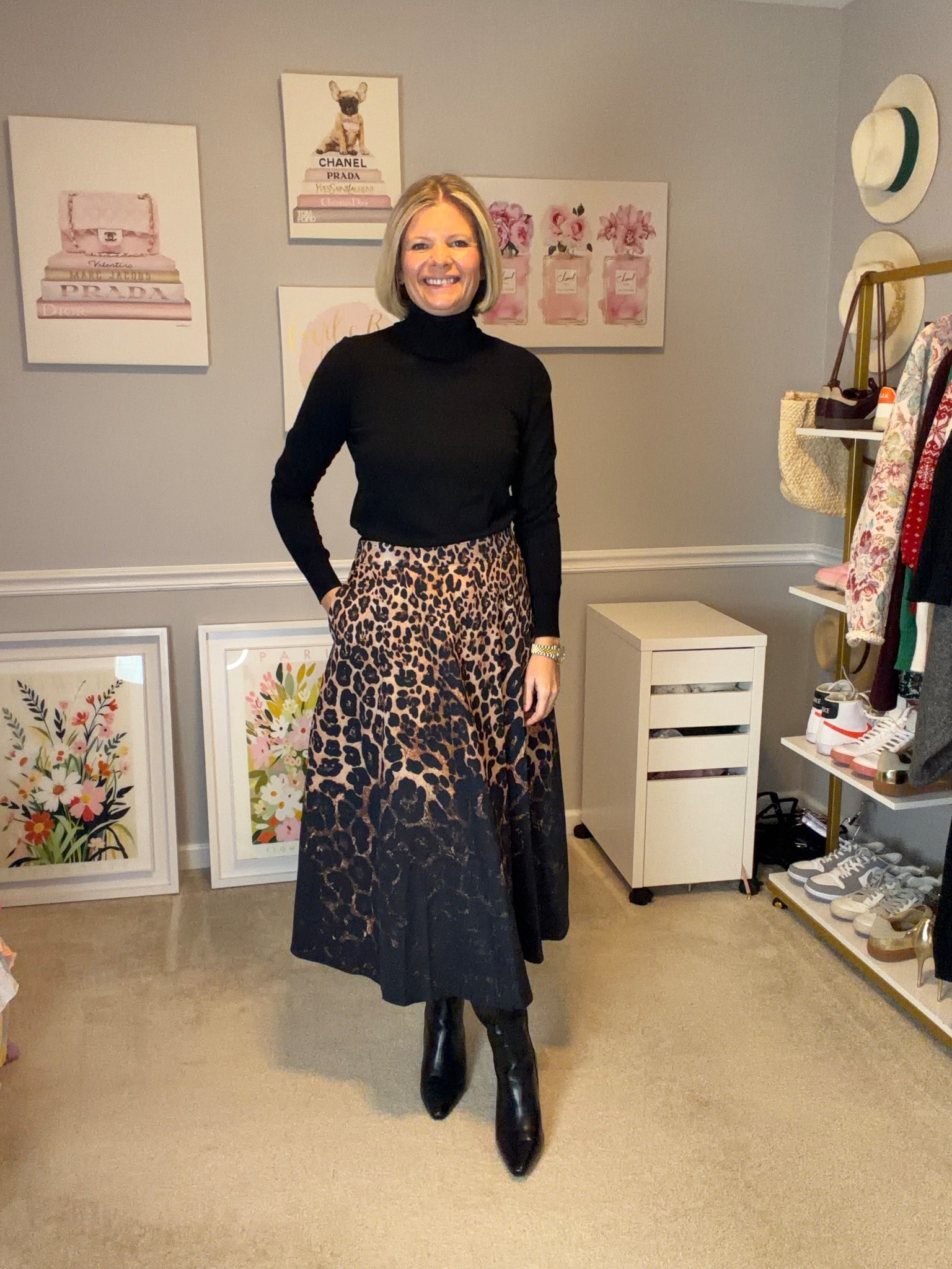 Leopard print flare midi skirt with pockets TTS (L)
Black fine knits turtleneck sweater TTS
Black tall leather boots TTS

#LTKootd #LTKOver40 #LTKWorkwear