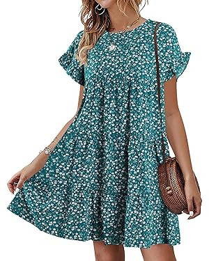 Chuanqi Womens Ruffles Boho Floral Printed Babydoll Loose Swing Casual Short Mini T-Shirt Dress | Amazon (US)