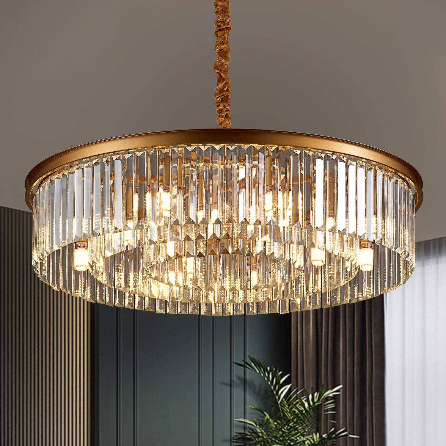 31.5" 12-Light Modern Crystal Chandelier Light Fixtures 3 Rings Gold Luxury Chandeliers for Livin... | Amazon (US)
