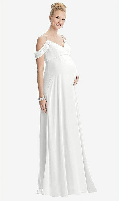 Draped Cold-Shoulder Chiffon Maternity Dress in White | Dessy Group