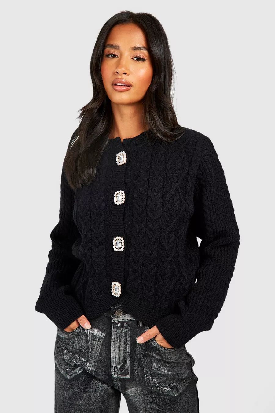 Petite Crystal Button Cable Knit Cardigan | boohoo (US & Canada)