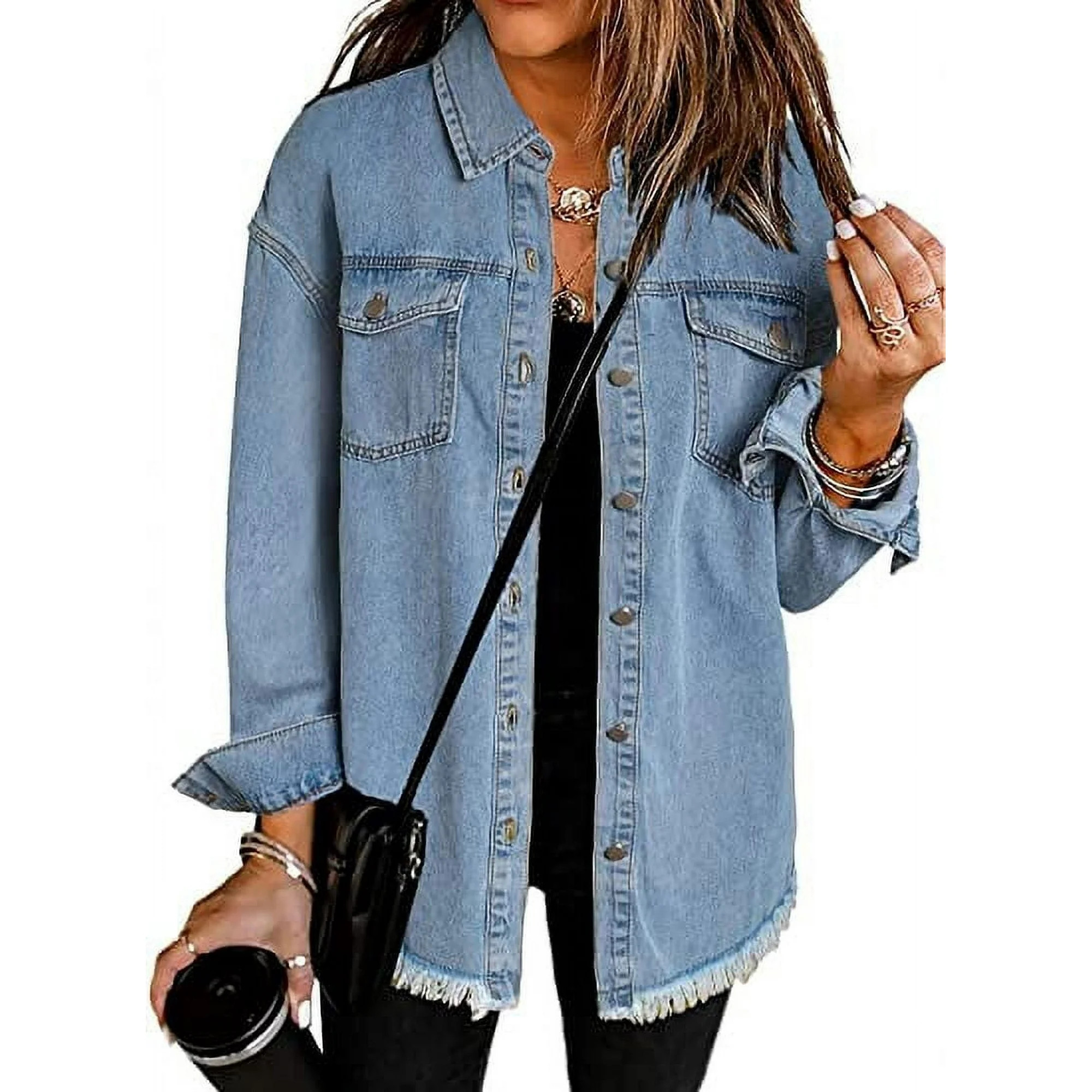 Eytino Plus Size Denim Jackets for Women Long Sleeve Oversized Loose Jean Coat Sky Blue XL Female | Walmart (US)