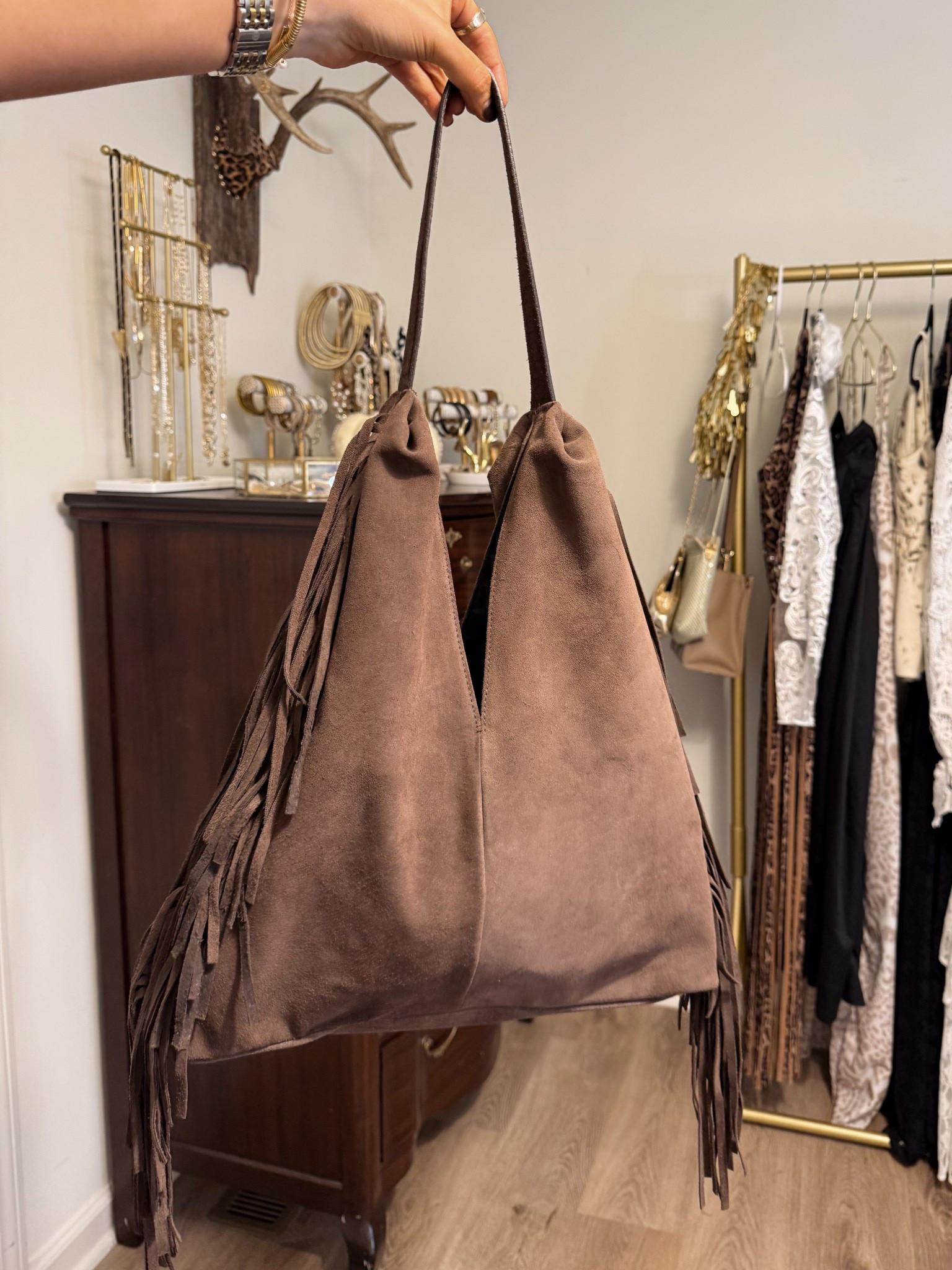 Brown suede fringe tote