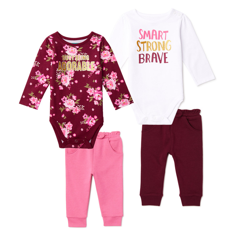 Garanimals Baby Girl Long Sleeve Bodysuit and Jogger Outfit Set, 4-Piece, Sizes 0/3-24 Months | Walmart (US)