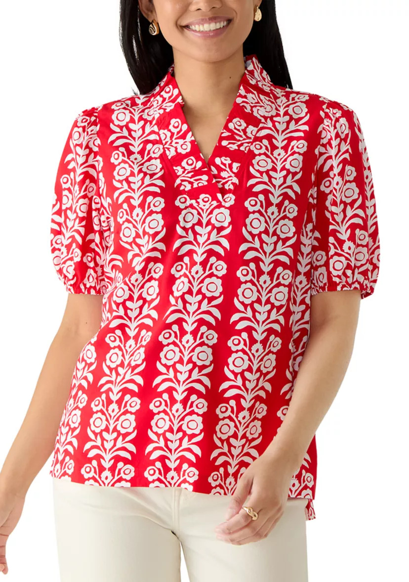Women's Short Sleeve Print Ruffle Neck Top | Belk