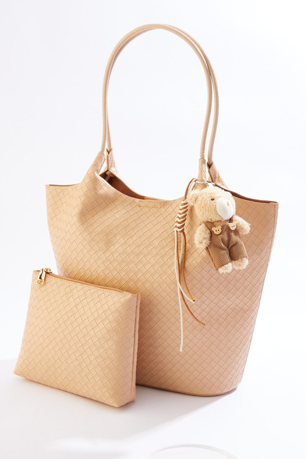 Woven Texture Bear Charm Tote Set | Cato Fashions