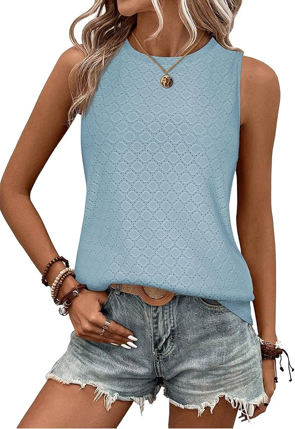 Zeagoo Tank Tops for Women Sleeveless Eyelet Shirts High Neck Cute Summer Top Loose Fit S-XXL | Amazon (US)