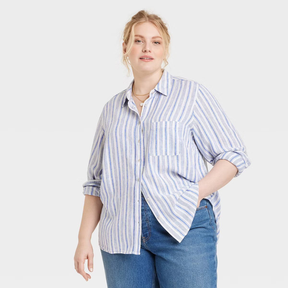 Women's Long Sleeve Collared Linen Button-Down Shirt - Universal Thread™ Blue XXL | Target