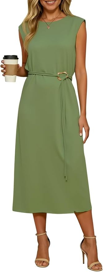 Wenrine Womens Sleeveless Midi Dress Summer Work Office Back Slit Elegant Flowy Tank Casual Vacat... | Amazon (US)