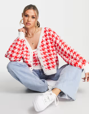 Missguided knitted houndstooth cardigan in red (part of a set) | ASOS (Global)