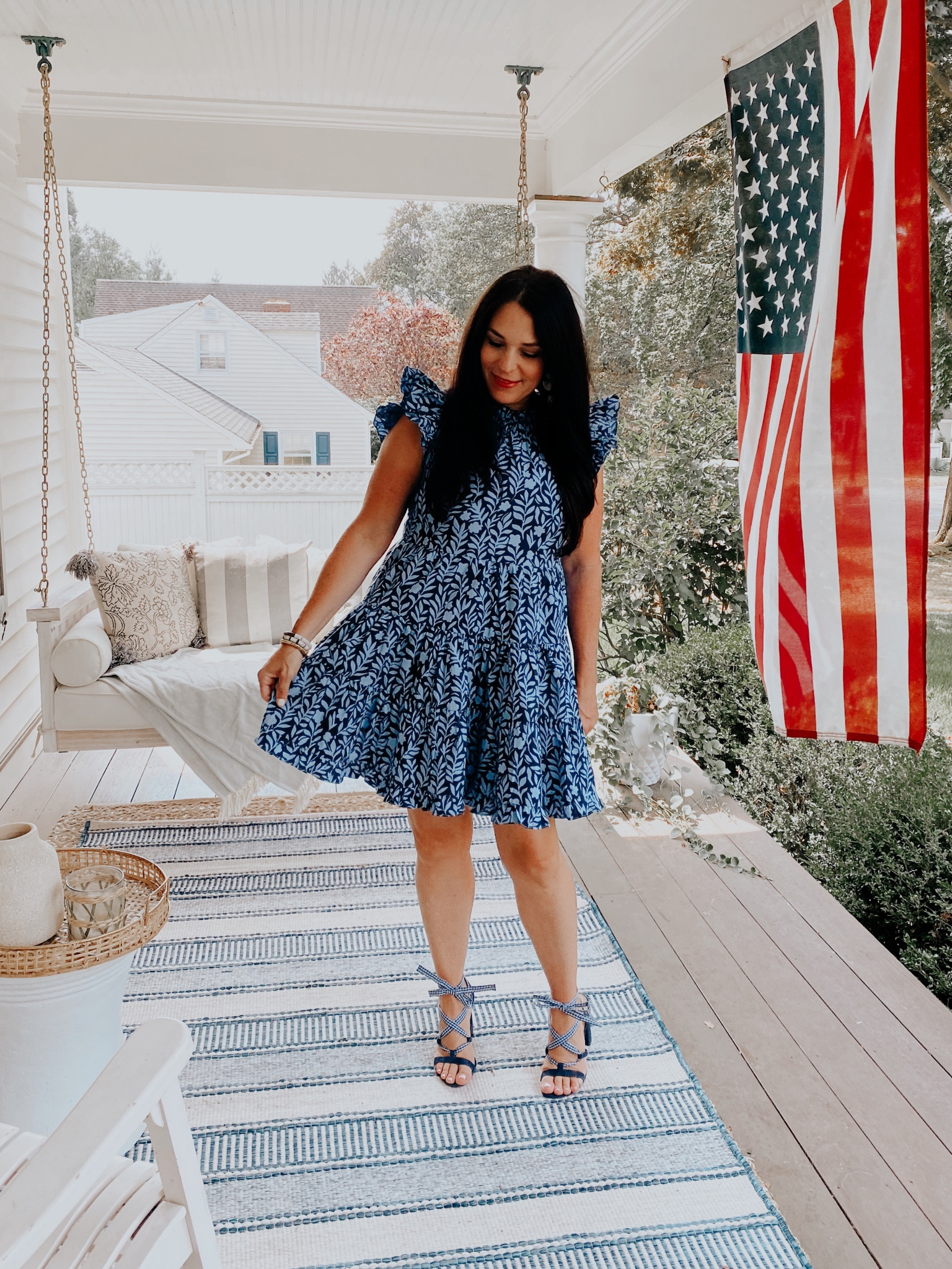 Ruffle neck and sleeve blue floral dress, classic detail, ruffle hemline
