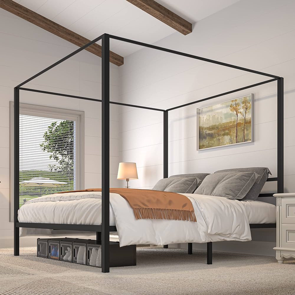 YITAHOME Black Metal 4 Poster Canopy Bed Frame with Headboard, Mattress Foundation with Wooden Sl... | Amazon (US)