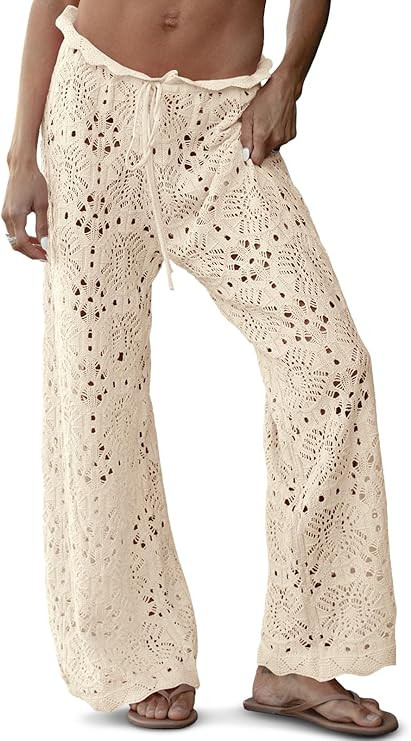 Saodimallsu Womens Crochet Swimsuit Coverup Pants High Waisted Drawstring Sexy Sheer Mesh Knit Wi... | Amazon (US)