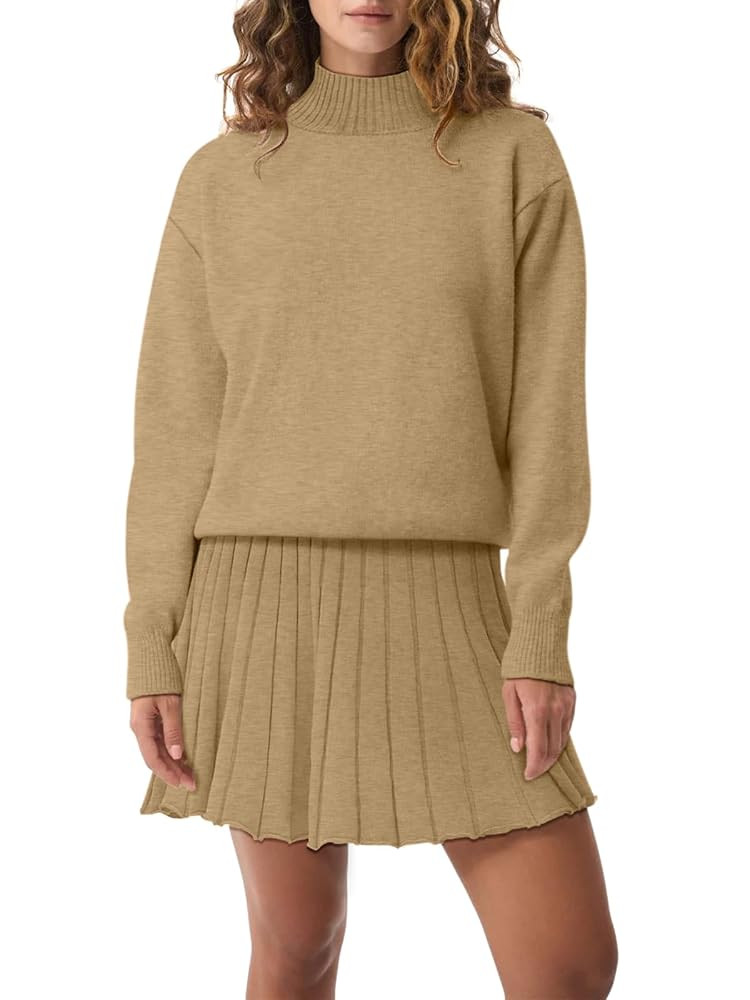 Women's Two Piece Outfits Turtleneck Long Sleeve Ribbed Knit Tops Pleated Mini Skirt 2025 Casual ... | Amazon (US)