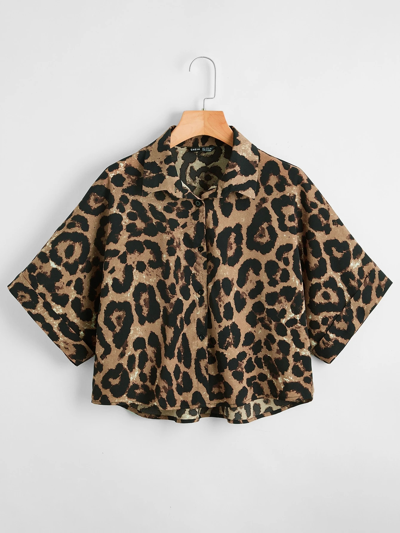 SHEIN Rolled Batwing Sleeve Leopard Blouse | SHEIN
