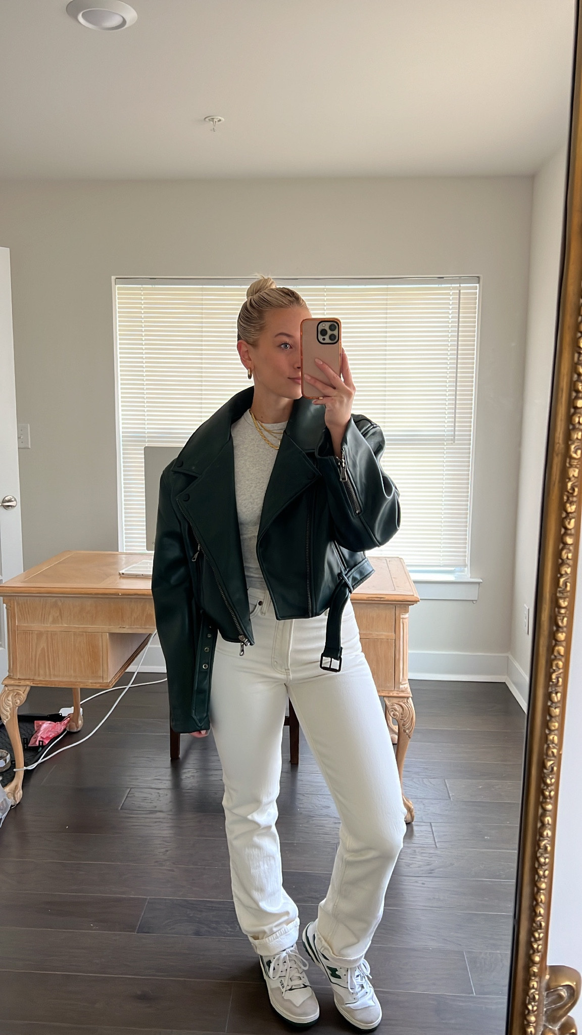 Leather jacket, leather jacket outfit, 90s straight jeans, Abercrombie style, Abercrombie jeans, spring jeans, spring outfit, spring fashion, spring style inspo, white sneakers, new balance 550s, baby tee, baby t, grey top