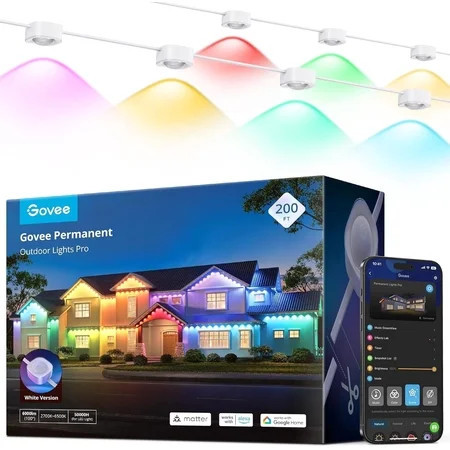 Govee Permanent Outdoor Lights Pro, 200ft with 120 RGBIC LED Lights for Daily and Accent Lighting, 75 Scene Modes for Patio Decor, IP67 Waterproof, Works with Alexa, Google Assistant, Matter, White | Walmart (US)