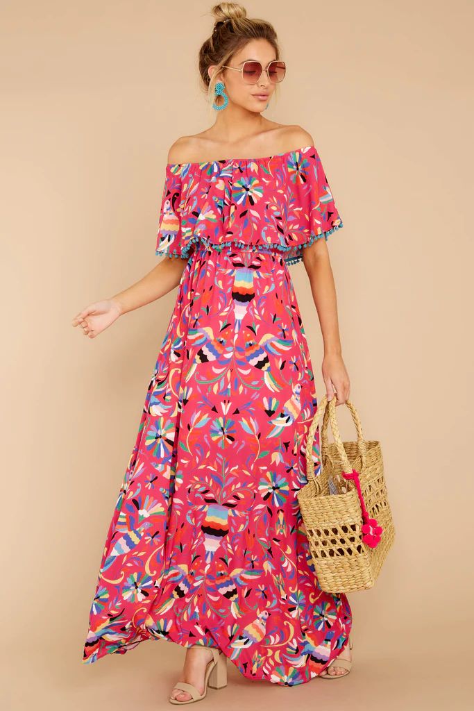 Ready To Jet Fuchsia Pink Bird Multi Print Off The Shoulder Maxi Dress | Red Dress 