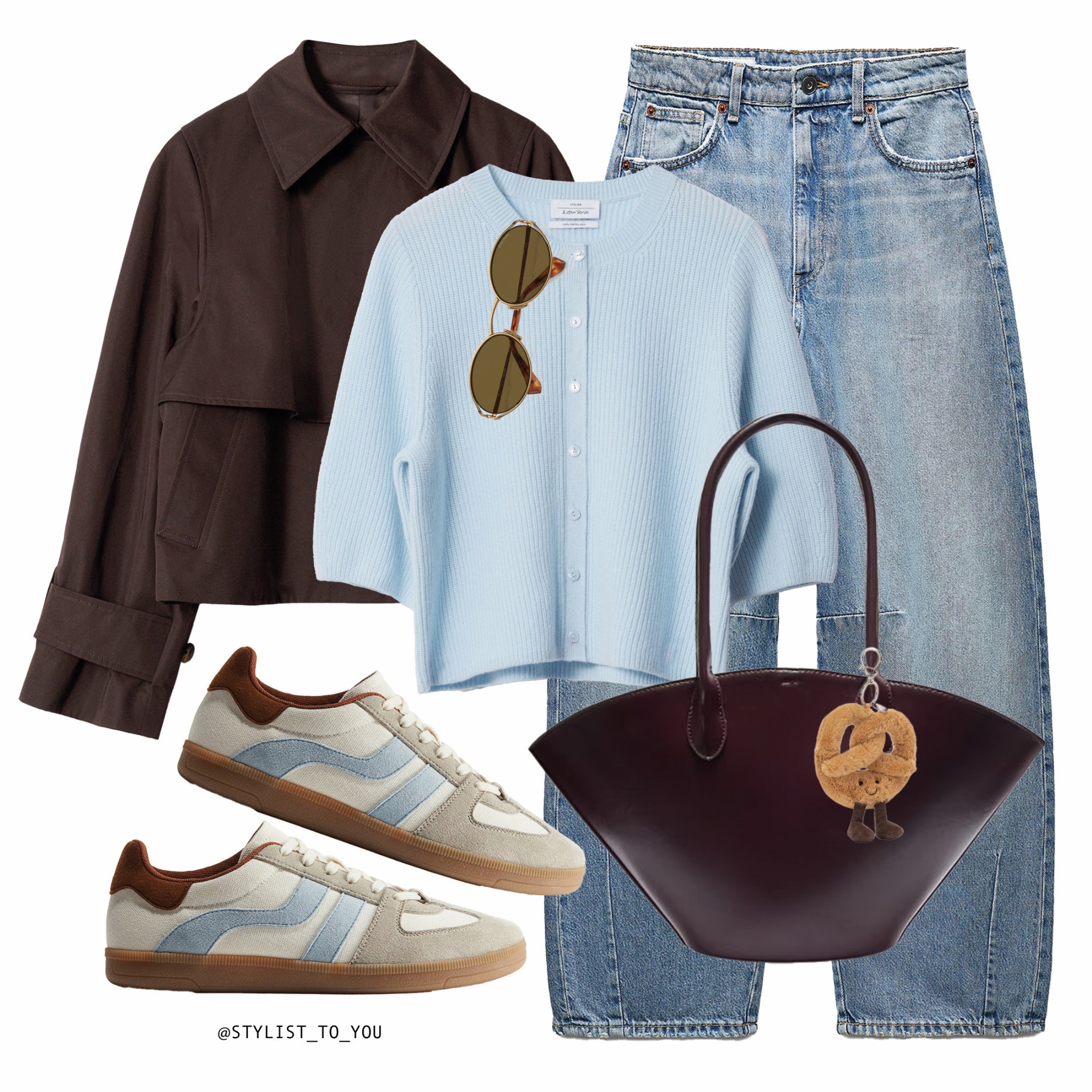Spring time arrives in baby blue vibes 🩵🤎

A stylish outfit featuring a cropped brown trench jacket, a light blue shirt sleeve ribbed knitwear cardigan, a pair of light-wash barrel-leg jeans, and retro-inspired sneakers with brown and blue details. Accessories include aviator sunglasses, a structured dark brown handbag with a cute Jellycat pretzel keychain plush, adding a playful touch to the look. denimlove, casualstyle, streetstyle, fashionlover, ootd, minimalfashion, denimstyle, retroaesthetic, springfashion, chicoutfit, brownandblue, effortlessstyle, trendylook, coolgirlstyle, classicfashion, fashioninspo, streetwearfashion, neutraltones, casualwear, everydayfashion, fashionforward, urbanstyle, stylishoutfit, spring vibes, modernfashion, styleinspiration, fashionblogger, simpleoutfits, comfyandchic, laidbacklook, fashiontrends, timelessstyle, trendyfashion, dailyoutfit, styleblogger, parisianstyle, coolaesthetic, fashiondaily, elevatedbasics, modernstreetstyle, springoutfit

#LTKuk #LTKeurope #LTKspring