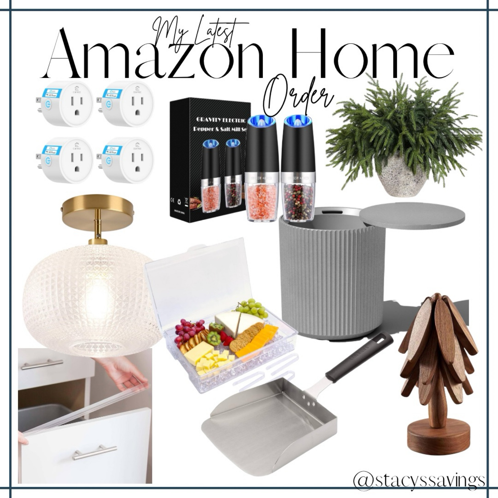 My latest Amazon Home order! Outdoor table/cooler, acrylic ice-cooled charcuterie set for the backyard, griddle food scoop, wood trivet tree, cabinet protector, vintage inspired light fixture, electric salt & pepper grinders for the fill, smart plugs for Christmas trees, and real-look cedar stems!

#LTKGiftGuide #LTKHome #LTKHoliday
