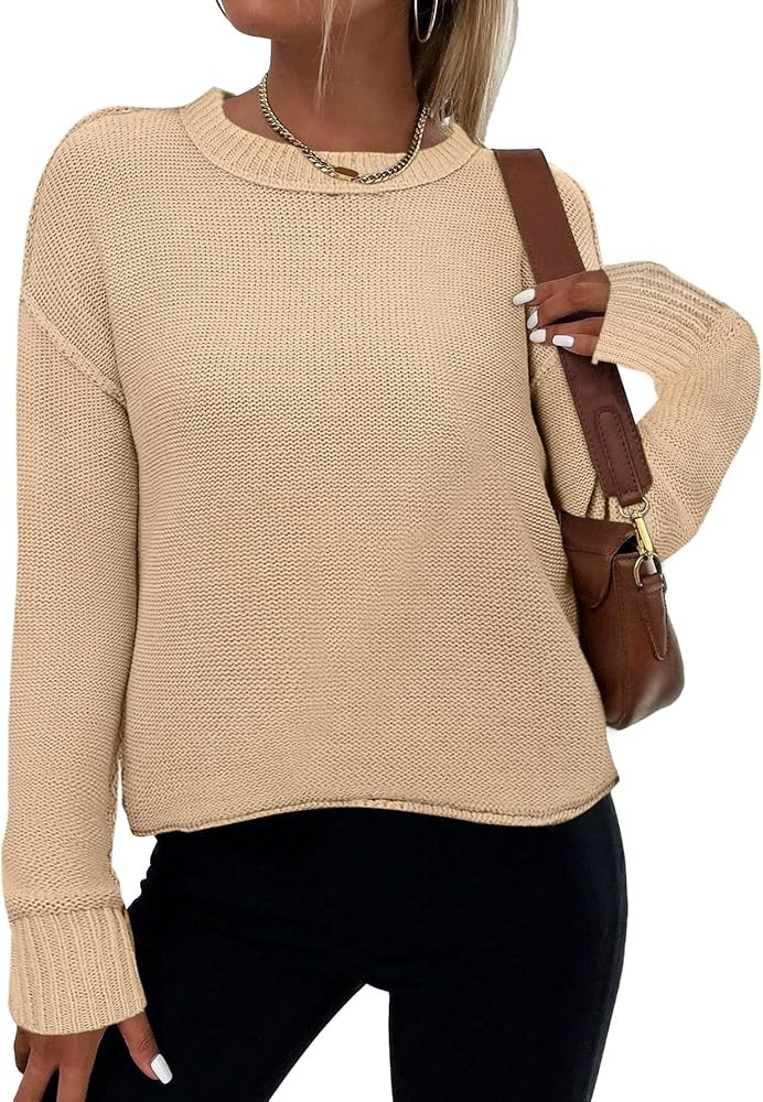 Zeagoo Women's Crew Neck Cropped Sweater 2024 Fall Long Sleeve Chunky Knit Pullover Sweater Tops | Amazon (US)