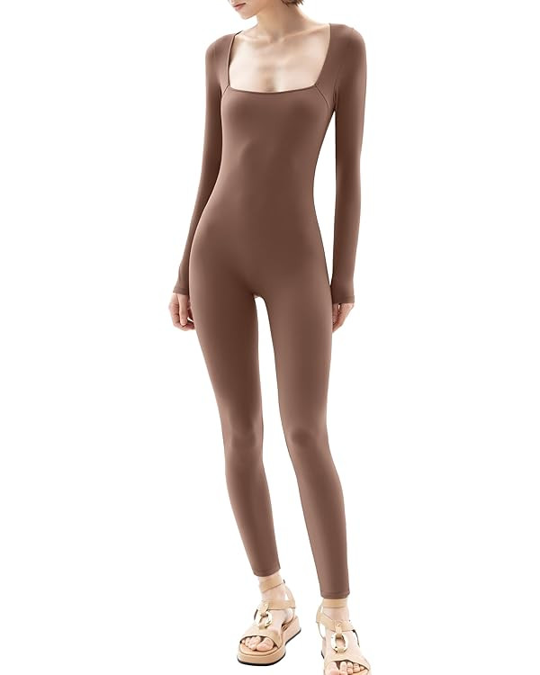 PUMIEY Jumpsuits for Women Square Neck Long Sleeve Bodycon Unitard One Piece Outfits Chill Collec... | Amazon (US)