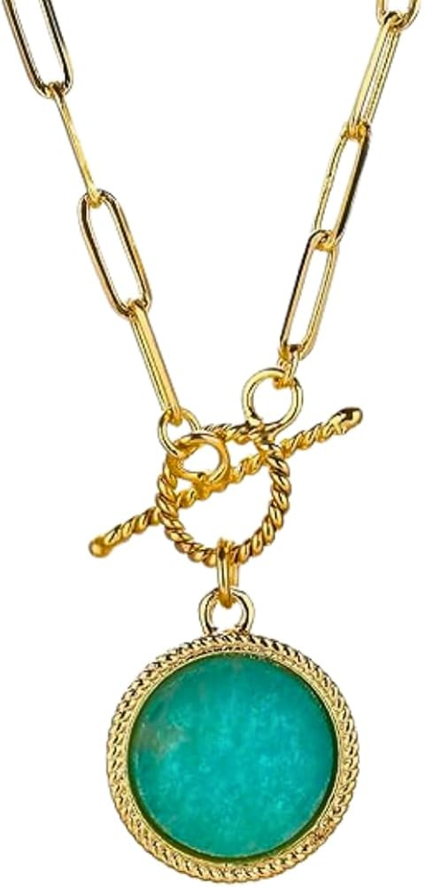 Gempires Gemstone Coin Front Toggle Pendant Necklace for Women with Gold Paperclip Chain, Natural... | Amazon (US)