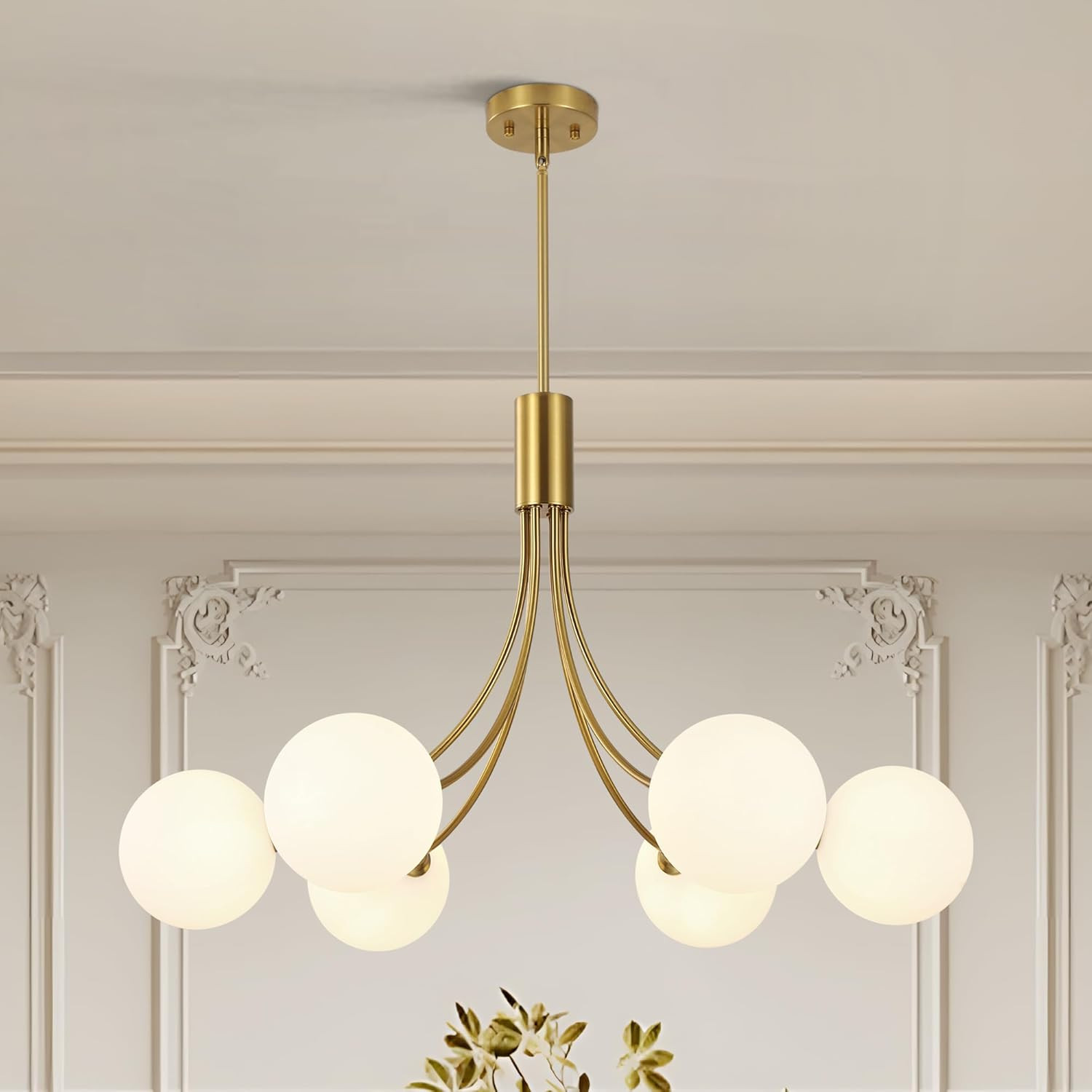 6-Light Modern Gold Sputnik Chandelier Mid Century Brushed Brass Light Fixture with Milk Glass Gl... | Amazon (US)