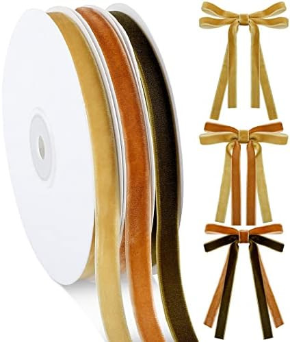 3 Rolls 30 Yards Khaki Army Green Yellow Velvet Ribbon Vintage Velvet Christmas Ribbon 1 Inch Tri... | Amazon (US)