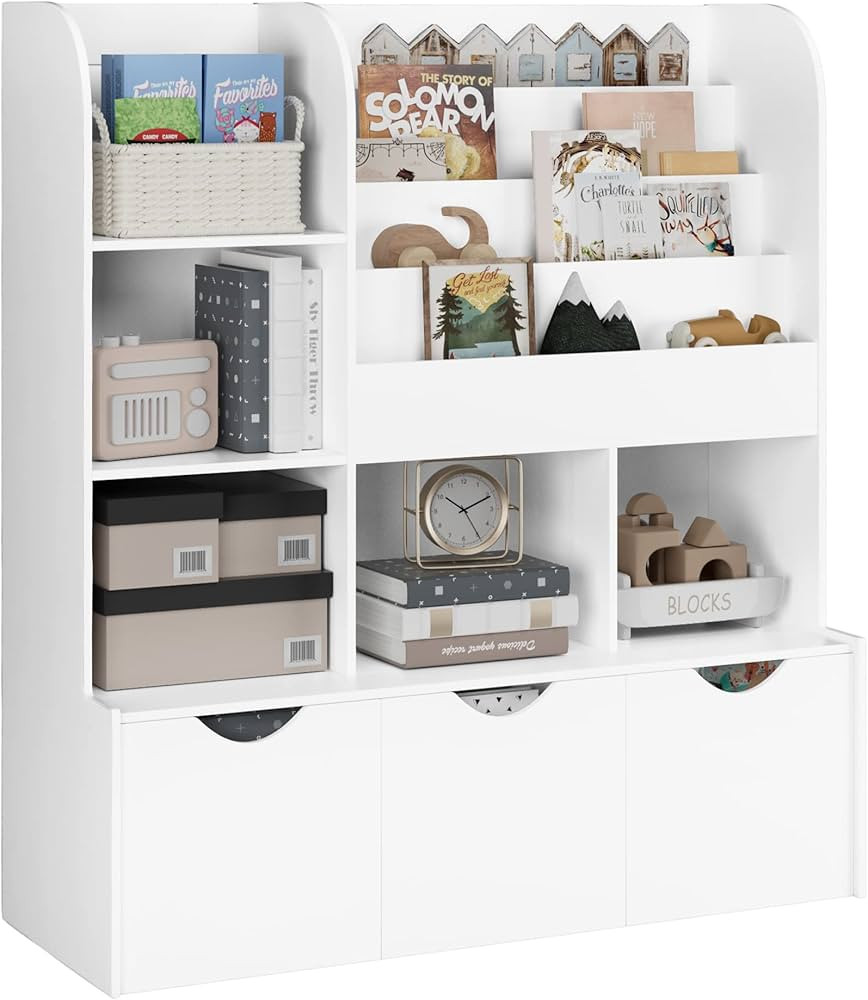 FOTOSOK Kids Bookcase and Bookshelf, Multifunctional Bookcase with 5 Storage Cubbies and 3 Movabl... | Amazon (US)