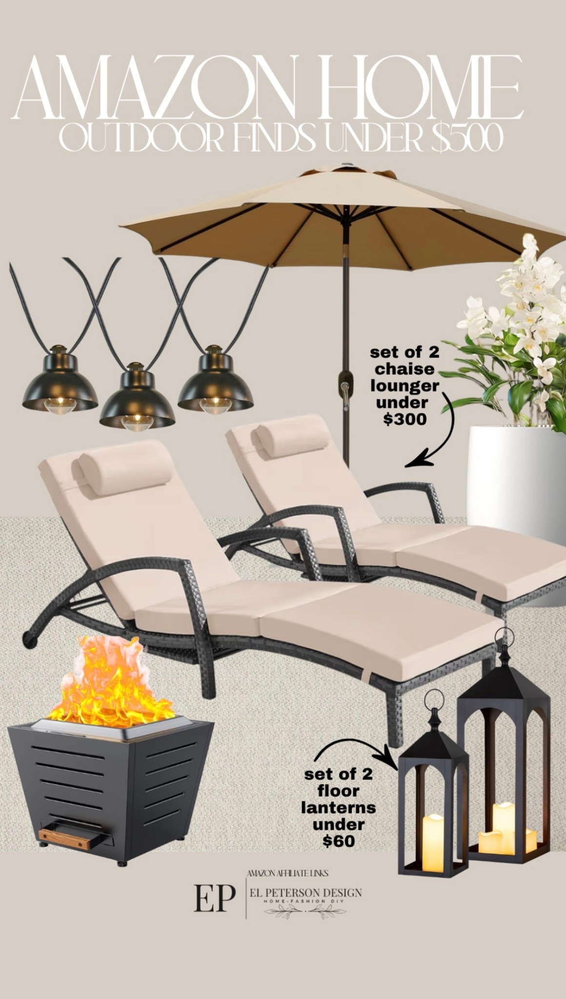 Amazon Outdoor
Chaise lounger 
Flour lantern
Fire pit
Outdoor string lights
Planter 

#LTKHome