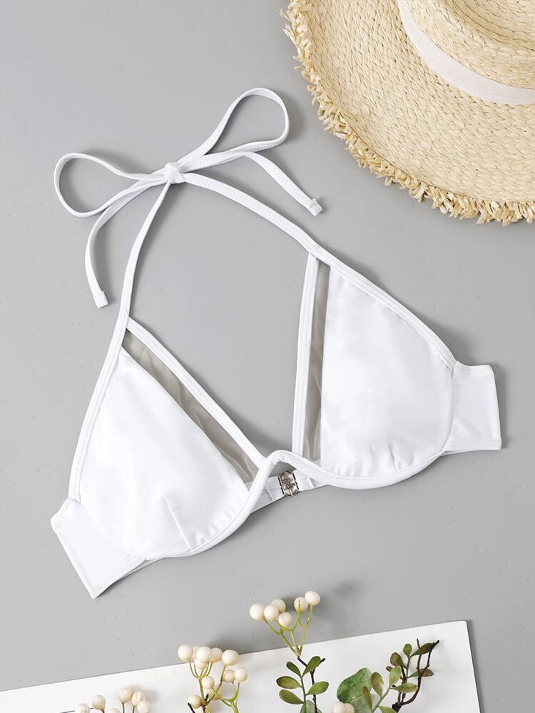 Contrast Mesh Harness Halter Underwire Bikini Top | SHEIN