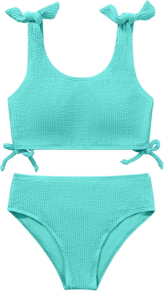 Girls 2 Pieces Swimsuits Solid Swimwear Bowknot Shoulder Strapes Bikini Set 9-16 Years Teen Girl ... | Amazon (US)