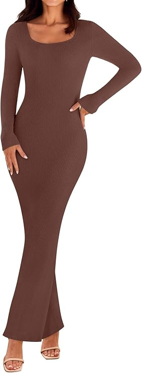 MEROKEETY Women's 2025 Fall Long Sleeve Bodycon Sweater Dress Square Neck Ribbed Knit Party Maxi ... | Amazon (US)