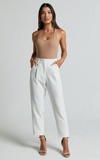 Suri Cropped Pant - High Waisted Tapered Tailored Pant With Pocket Detail in White | Showpo (US, UK & Europe)