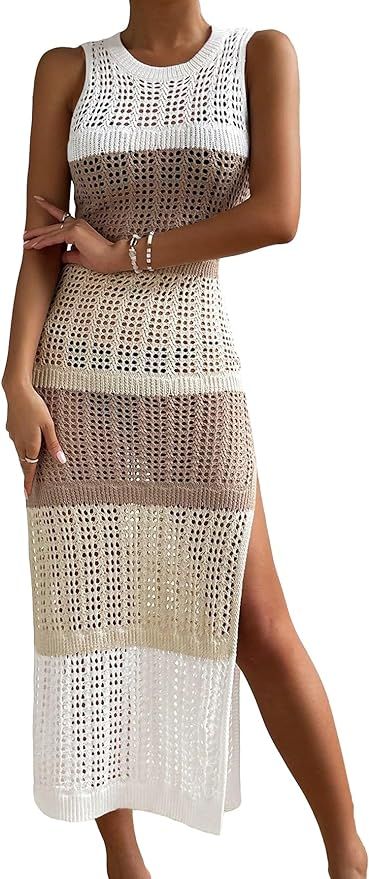 OYOANGLE Women's Crochet Hollow Out Sleeveless Split Thigh Beach Midi Tank Dress Bikini Cover Ups | Amazon (US)