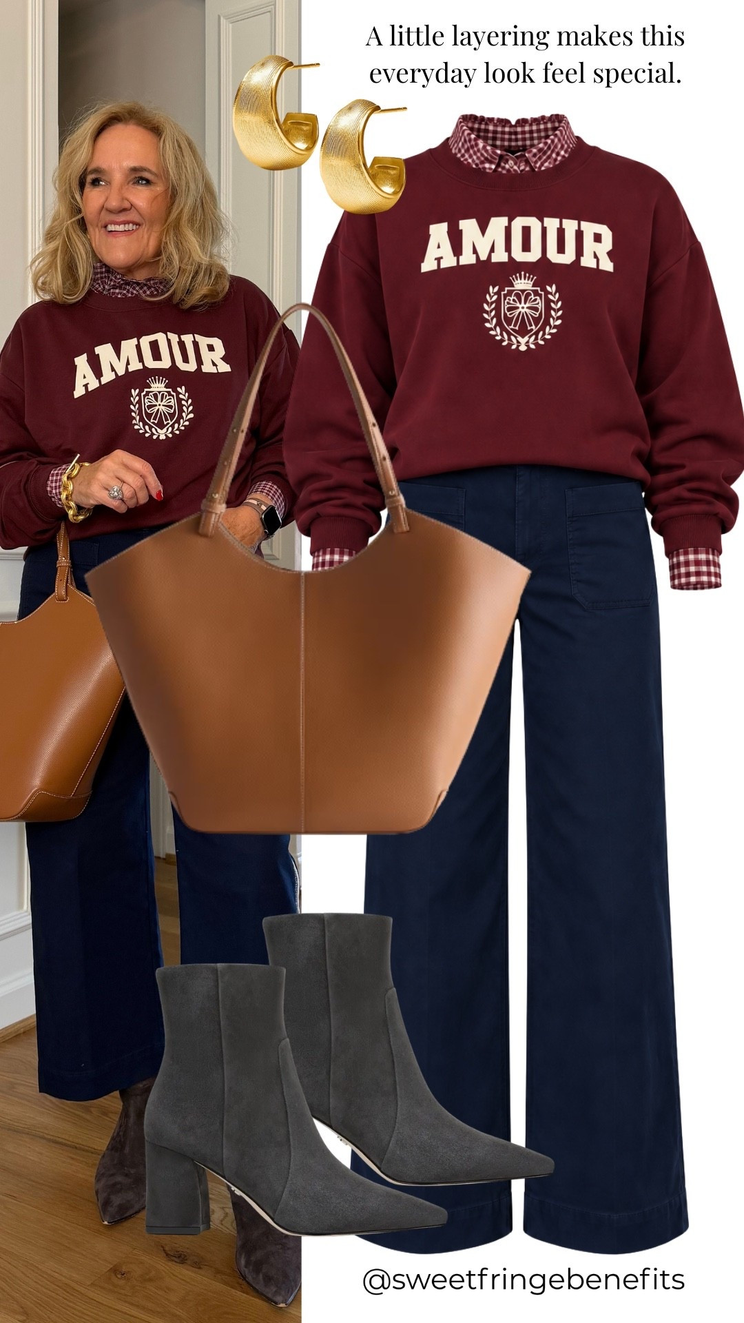 I’m having a little fun layering the ruffle blouse under this AMOUR sweatshirt. I’m wearing a small petite in the blouse and an 8 regular in the navy pants.

#LTKootd #LTKWorkwear #LTKOver40