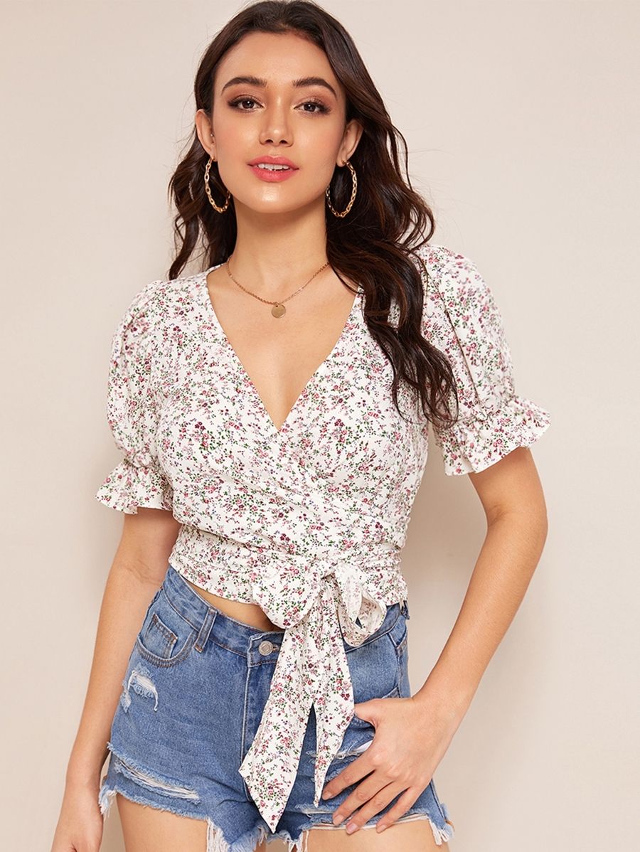 SHEIN Wrap Belted Ditsy Floral Top | SHEIN