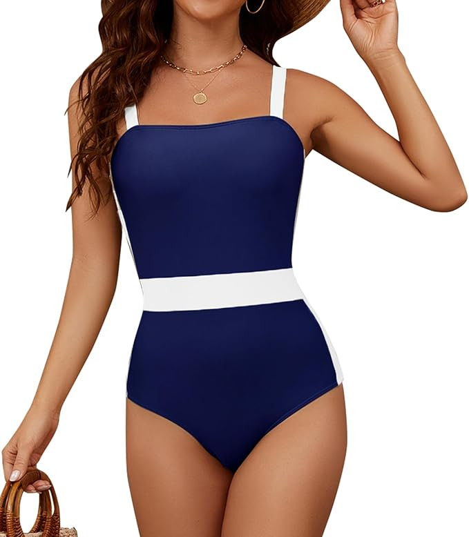 Womens One Piece Swimsuits Summer Tummy Control Bathing Suit Color Block Square Neck Slimming Swi... | Amazon (US)