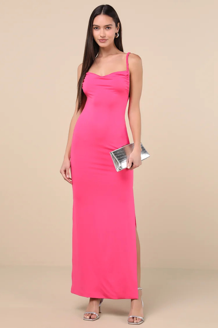 Dynasty Hot Pink Slinky Knit Backless Maxi Dress | Lulus