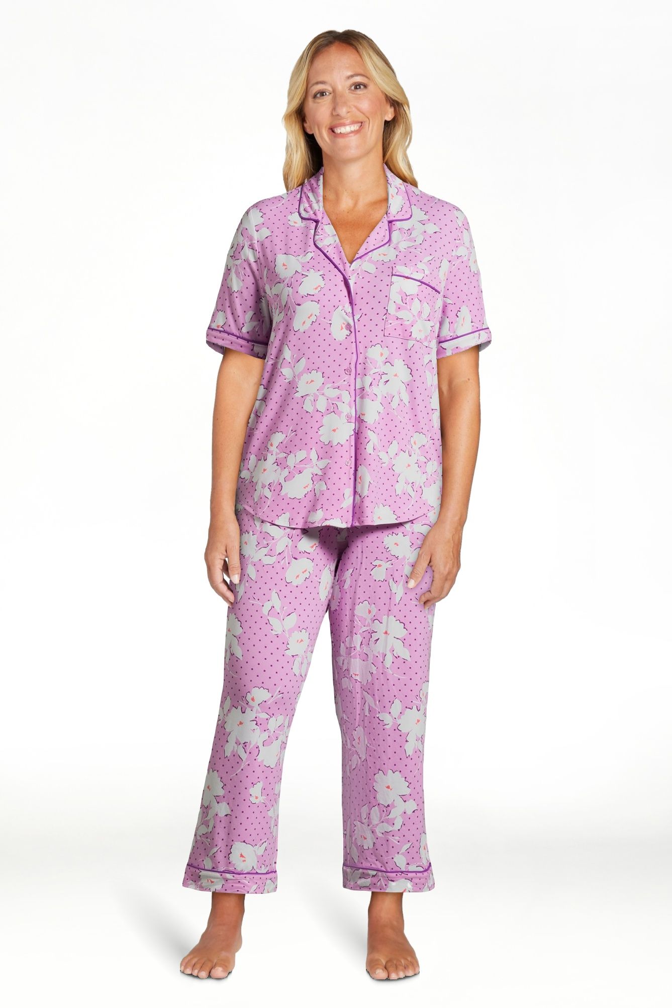 Joyspun Women's Knit Notch Collar Top and Capri Pants Pajama Set, 2-Piece, Sizes S to 3X | Walmart (US)