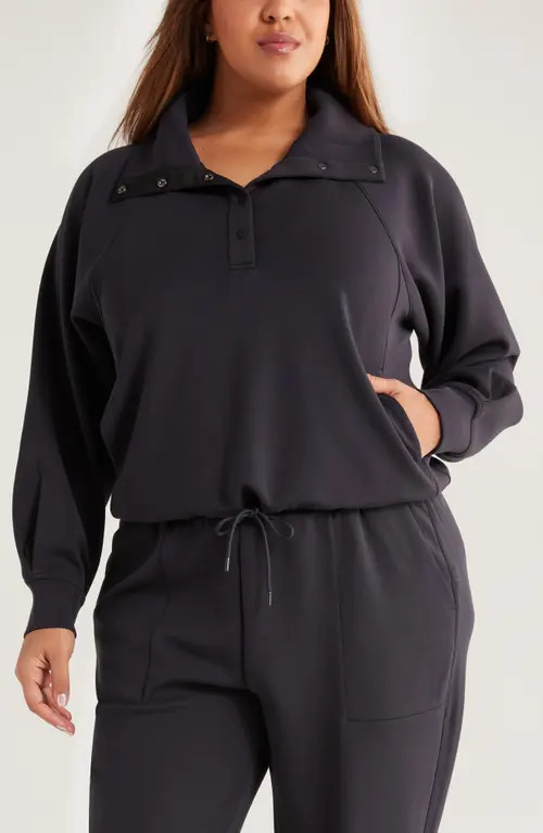 Zella Ultrasoft Snap Funnel Neck Sweatshirt in Black at Nordstrom, Size 1X | Nordstrom
