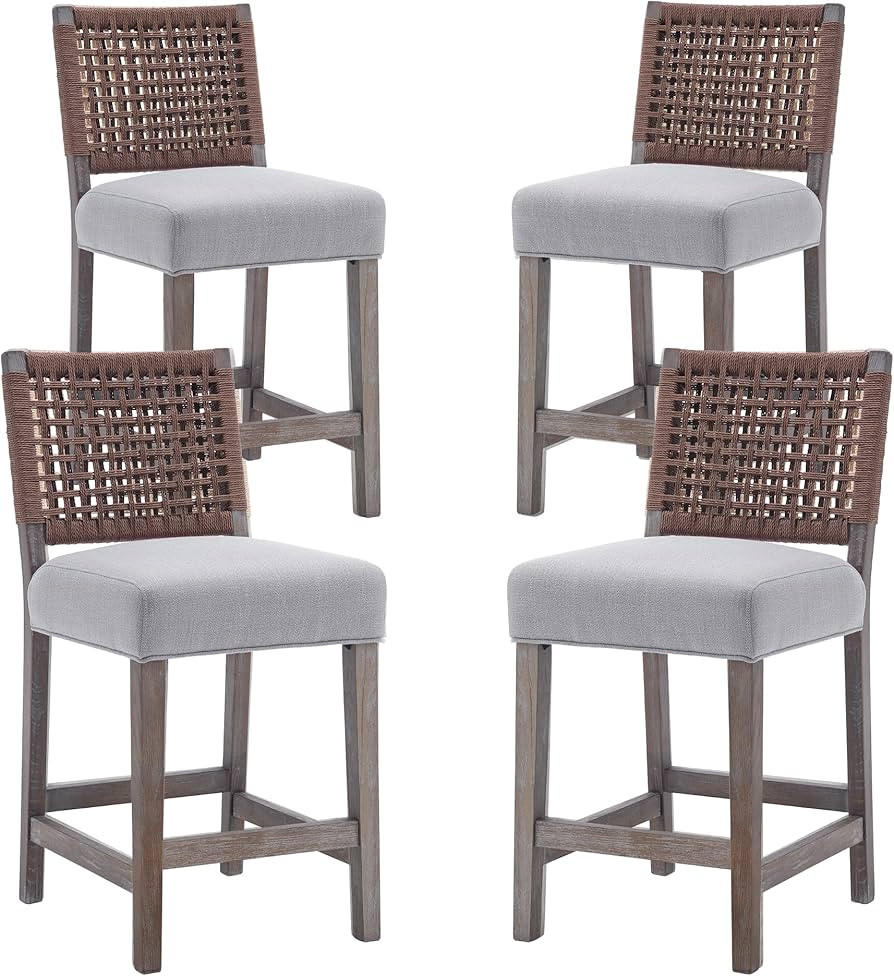 Woven Rope Back Bar Stools Set of 4 Armless Counter Height Stools Wooden Farmhouse Barstools for ... | Amazon (US)