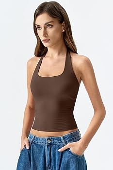QINSEN Womens Halter Top Double Lined Tank Top Sleeveless Open Back Slim fit Going Out Tops | Amazon (US)