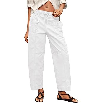 Fisoew Womens 100% Cotton Cargo Pants Drawstring Elastic Waist Casual Hiking Work Pants with Mult... | Amazon (US)