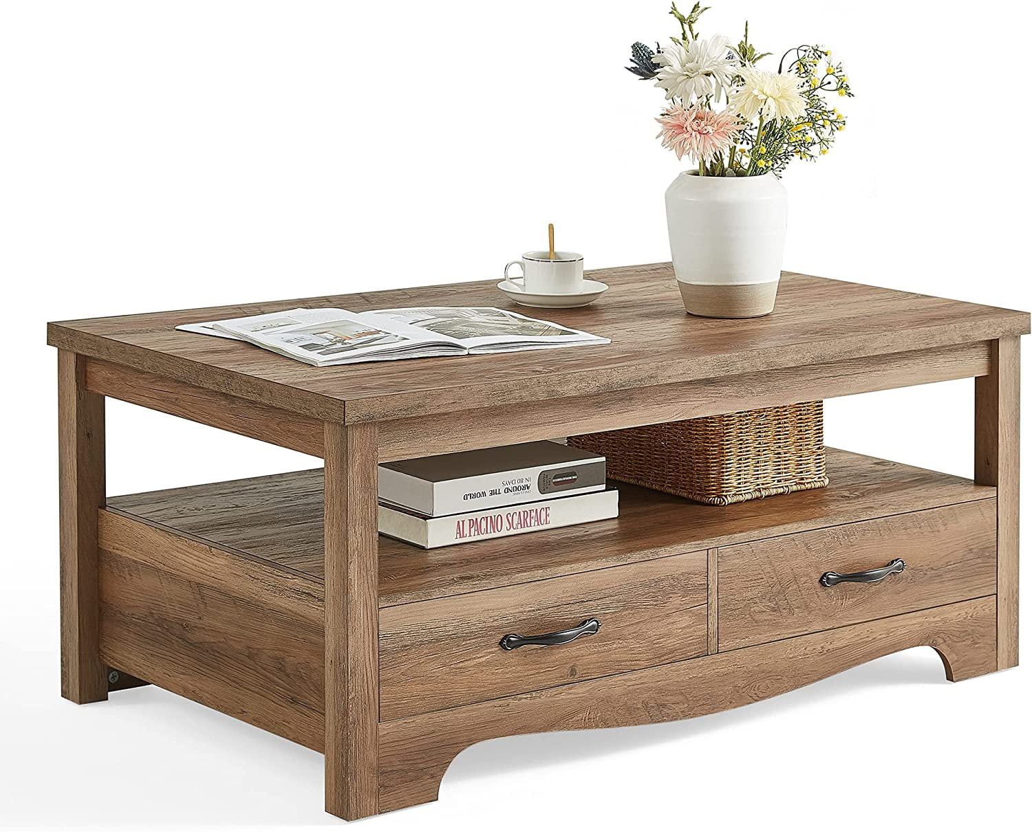 LINSY HOME Farmhouse Coffee Table with Storage, Wood Coffee Table for Living Room, Open Display A... | Walmart (US)