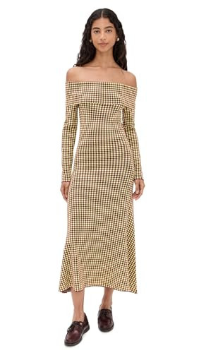 LE BOP Women's Gingham Knit Off Shoulder Dress, Burgundy/Citrine, L | Amazon (US)