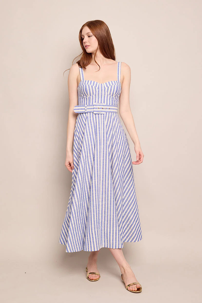 Calypso Dress in Ivory Blue Striped Seersucker | Over The Moon