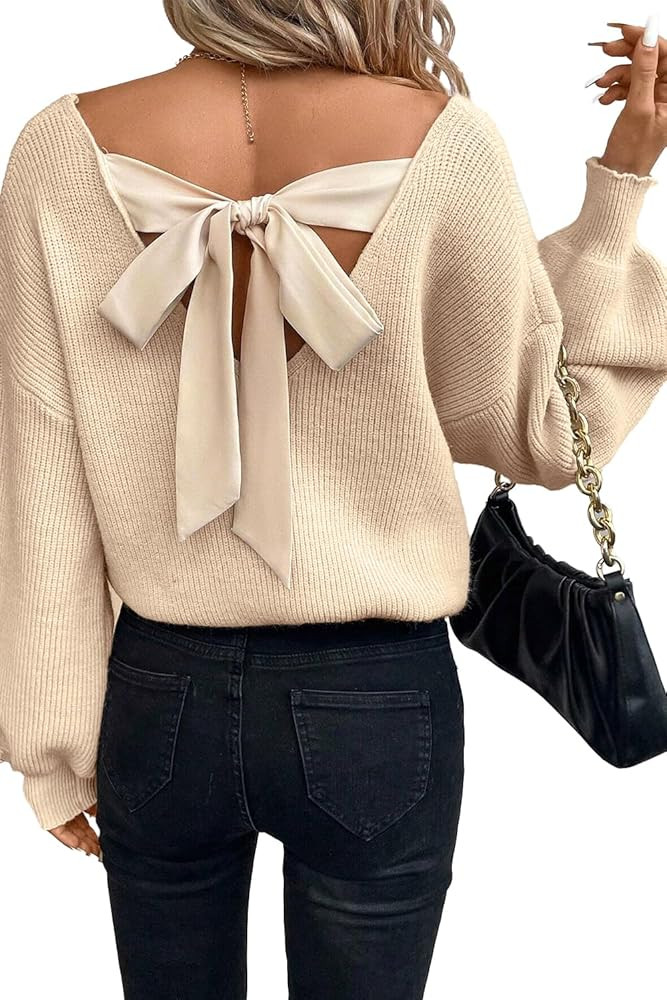 Womens Bow Sweater Sexy Deep V Neck Backless Pullover Sweaters Oversized Long Lantern Sleeve Tops... | Amazon (US)